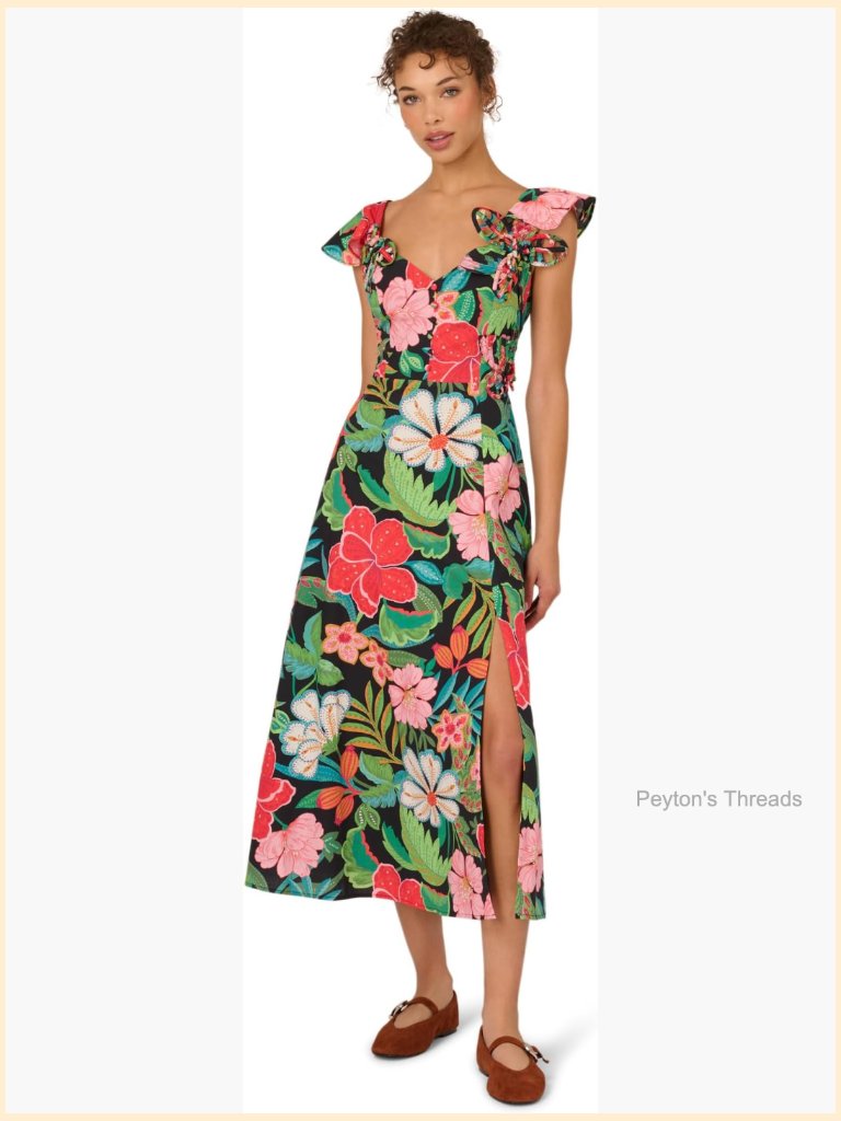 3d Floral Print Midi Dress With Smocked Back